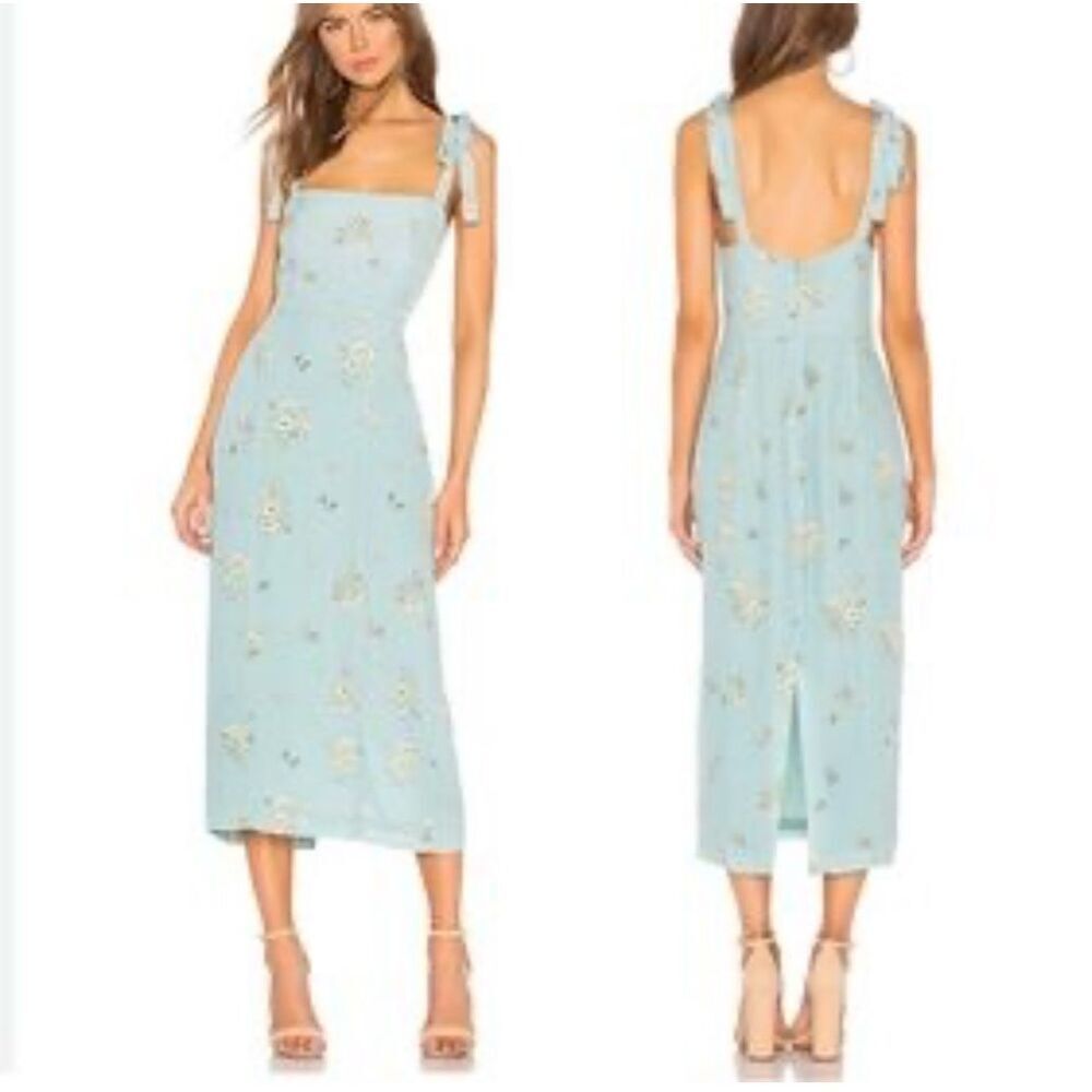 Capulet Camille Blue Poppy Floral Print Sleeveless Tie Shoulder Midi Dress Sz XS